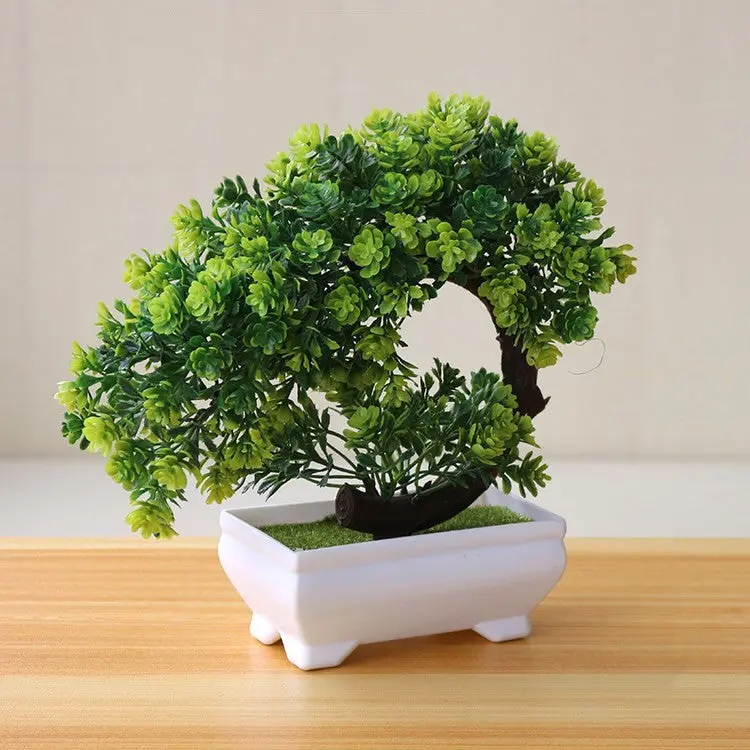 Desk-Sized Artificial Bonsai – Potted Plastic Tree Enhanced with Silk Floral Accents
