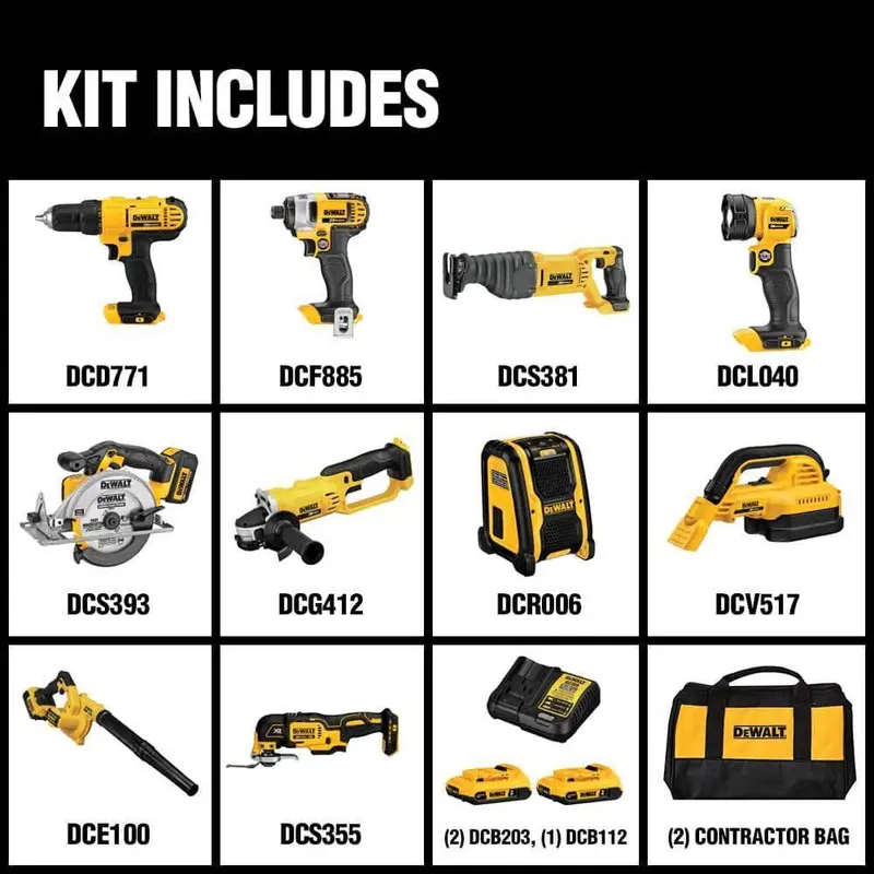 DEWALT 20V MAX 10-Piece Power Tool Combo Kit – Includes Batteries, Charger, Drill, Impact Driver, Blower, Flashlight, Speaker, Grinder, Saw, and Vacuum