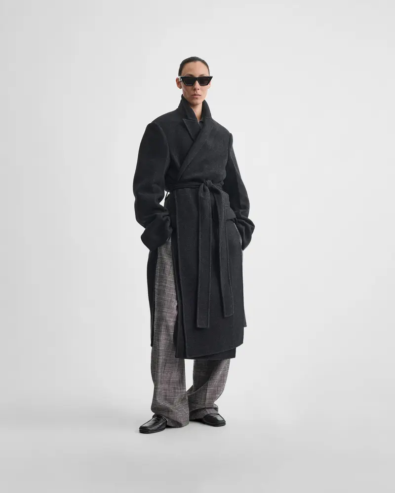 Double-Faced Anthracite Wool Robe Coat With Belt Closure