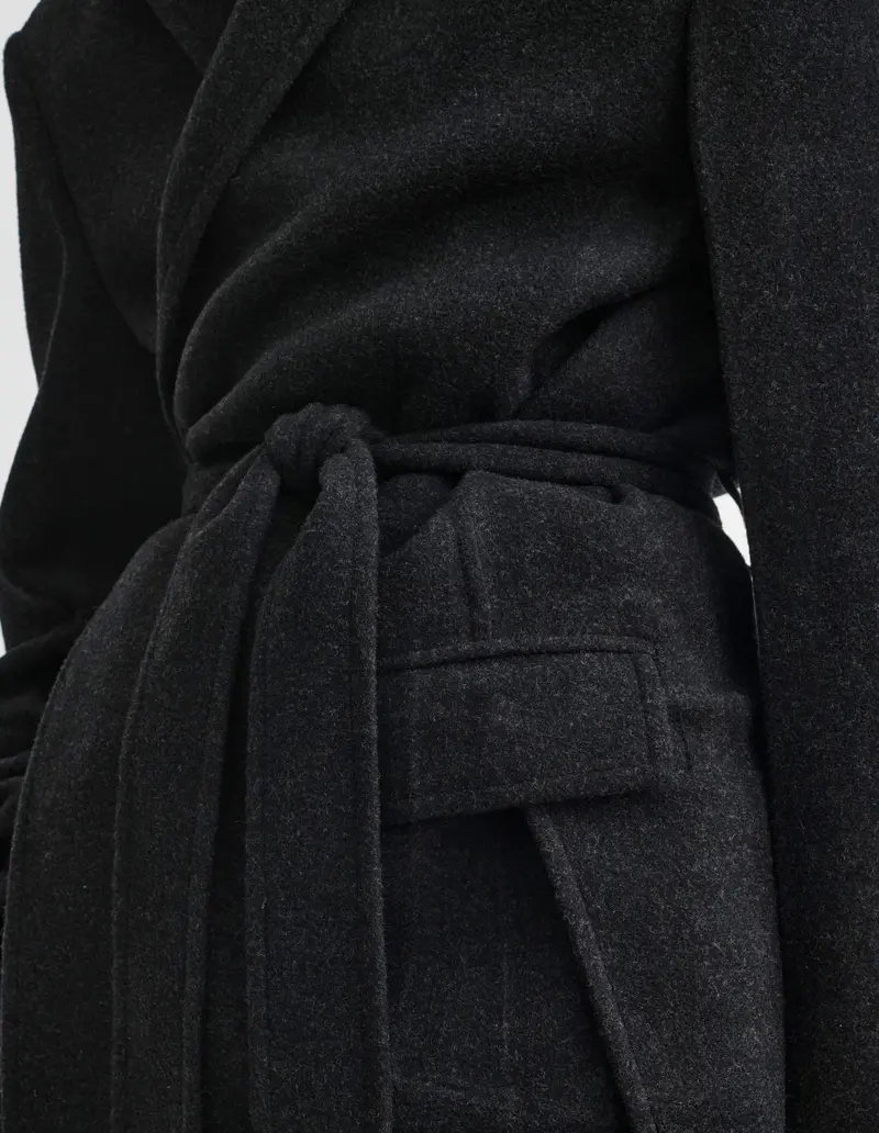 Double-Faced Anthracite Wool Robe Coat With Belt Closure
