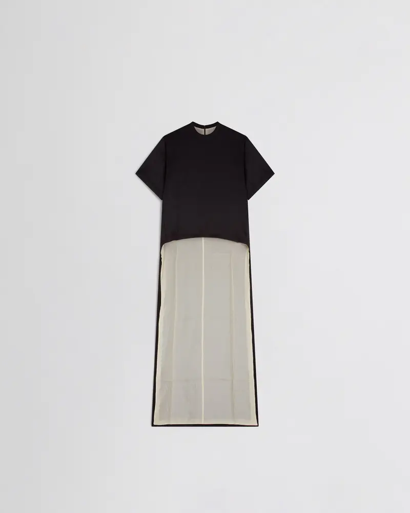Dramatic Graphic Train Tee In Black Silk Satin