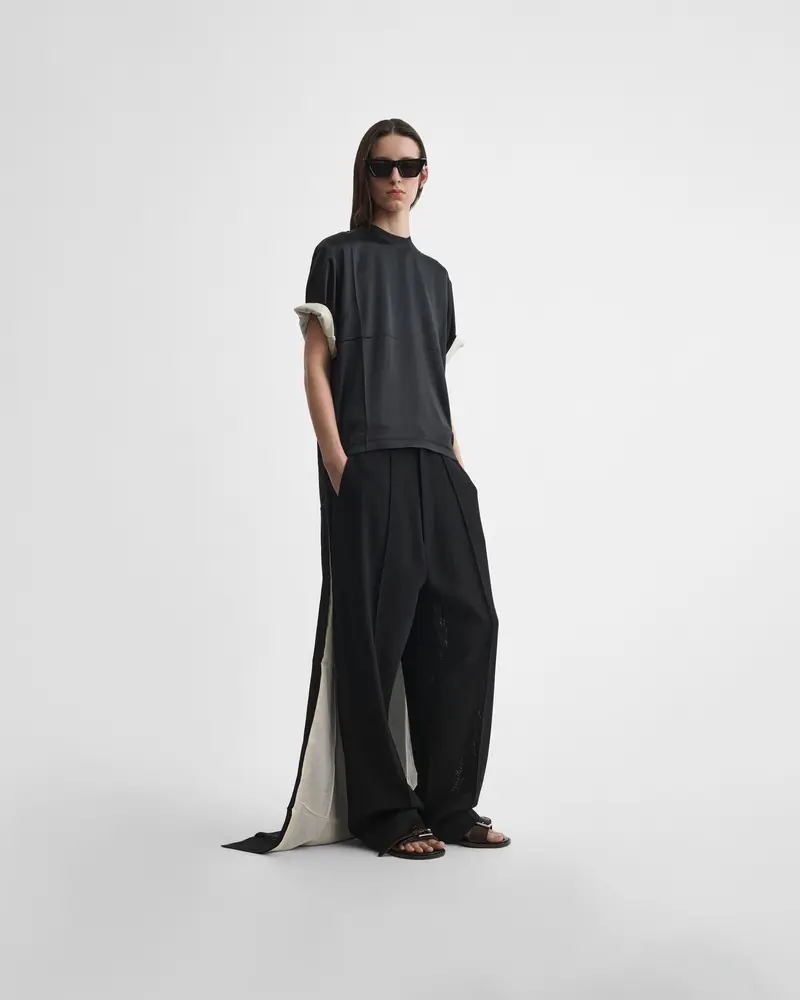 Dramatic Graphic Train Tee In Black Silk Satin