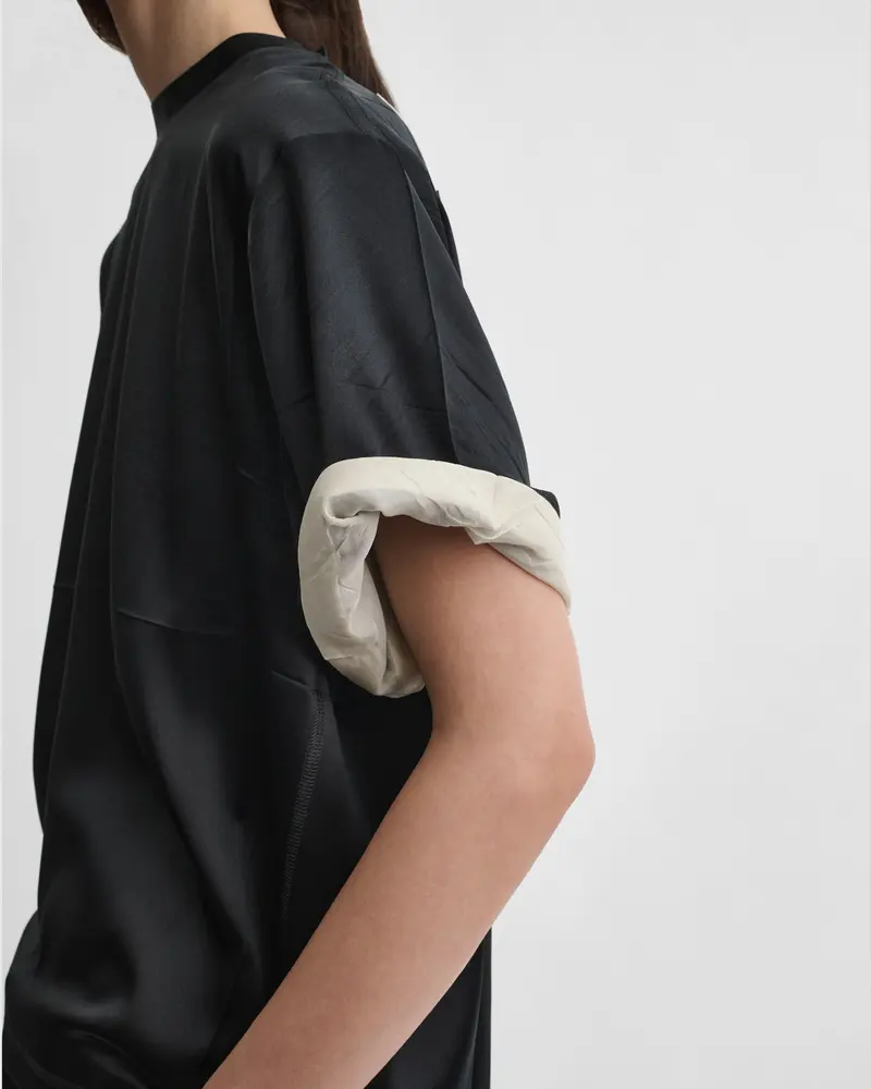 Dramatic Graphic Train Tee In Black Silk Satin