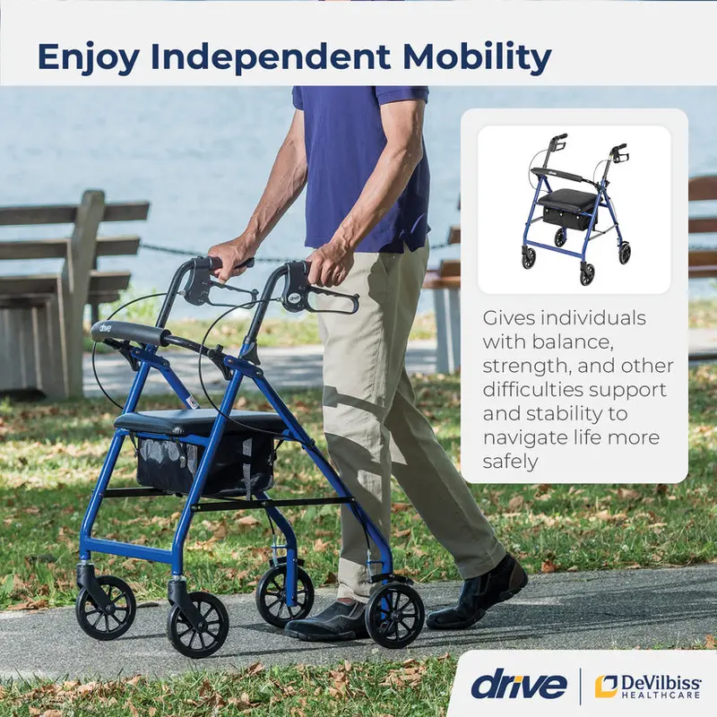 Drive Medical Lightweight Aluminum 4-Wheel Foldable Rollator with Padded Seat and Backrest – Blue