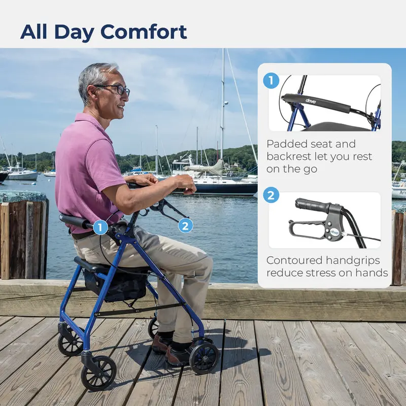 Drive Medical Lightweight Aluminum 4-Wheel Foldable Rollator with Padded Seat and Backrest – Blue