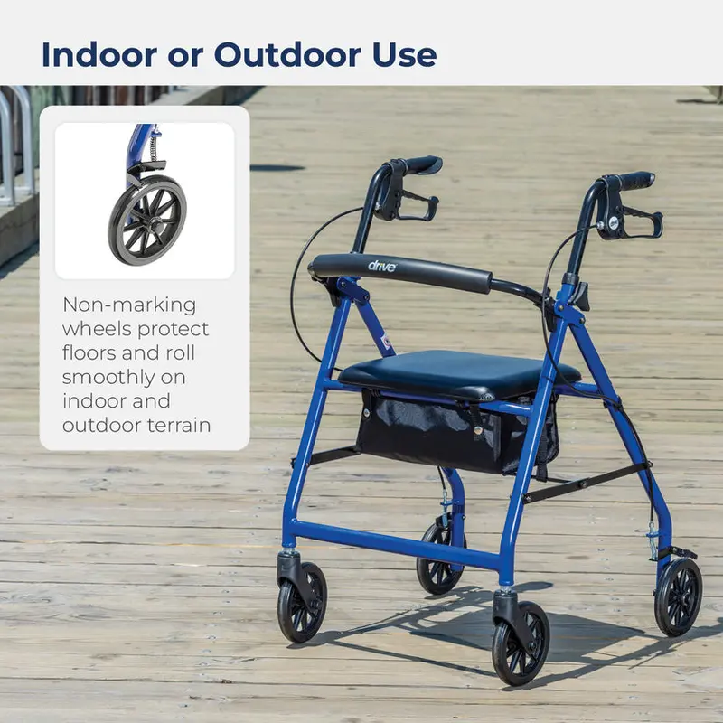 Drive Medical Lightweight Aluminum 4-Wheel Foldable Rollator with Padded Seat and Backrest – Blue