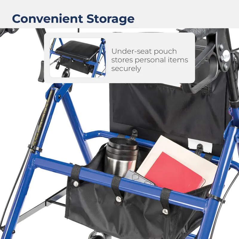 Drive Medical Lightweight Aluminum 4-Wheel Foldable Rollator with Padded Seat and Backrest – Blue