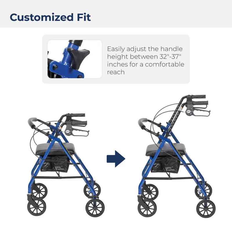 Drive Medical Lightweight Aluminum 4-Wheel Foldable Rollator with Padded Seat and Backrest – Blue