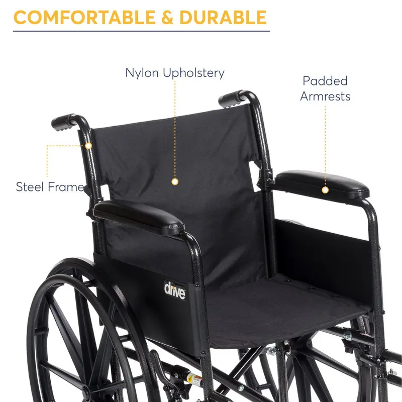 Drive Medical Silver Sport 1 Lightweight Folding Wheelchair – Full-Arm Rests and Swing-Away Footrests