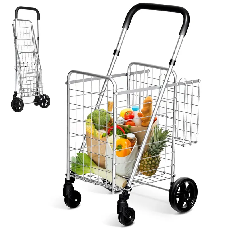 Dual-Basket Folding Utility Trolley – Compact Shopping Cart with 360° Swivel Wheels