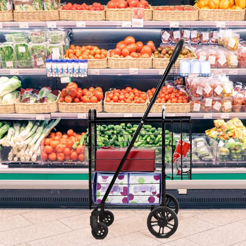 Dual-Basket Folding Utility Trolley – Compact Shopping Cart with 360° Swivel Wheels