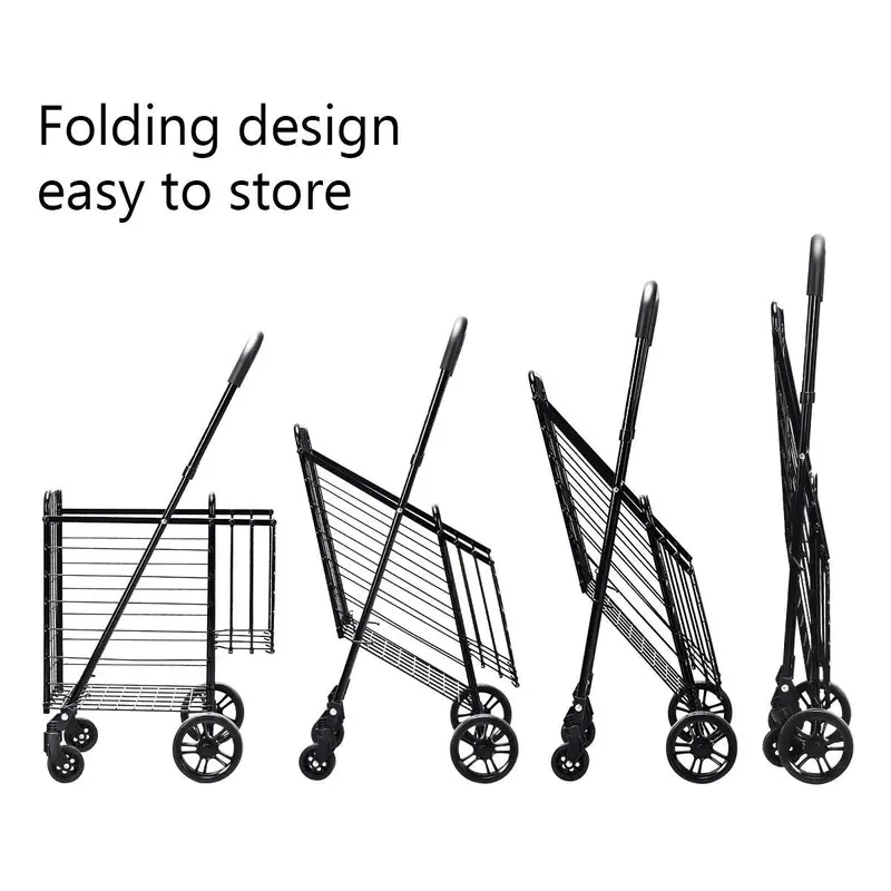Dual-Basket Folding Utility Trolley – Compact Shopping Cart with 360° Swivel Wheels