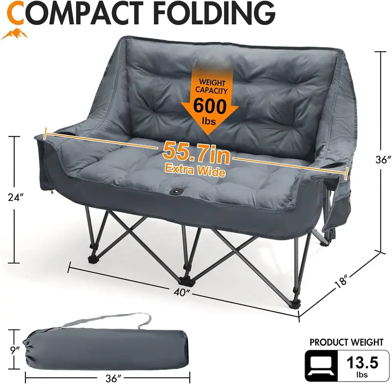 Dual-Occupancy Folding Loveseat – Comfort-Focused Outdoor Chair for Two Featuring Cup Holders and 600-Pound Maximum Load