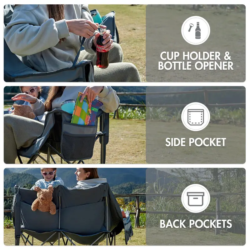 Dual-Occupancy Folding Loveseat – Comfort-Focused Outdoor Chair for Two Featuring Cup Holders and 600-Pound Maximum Load