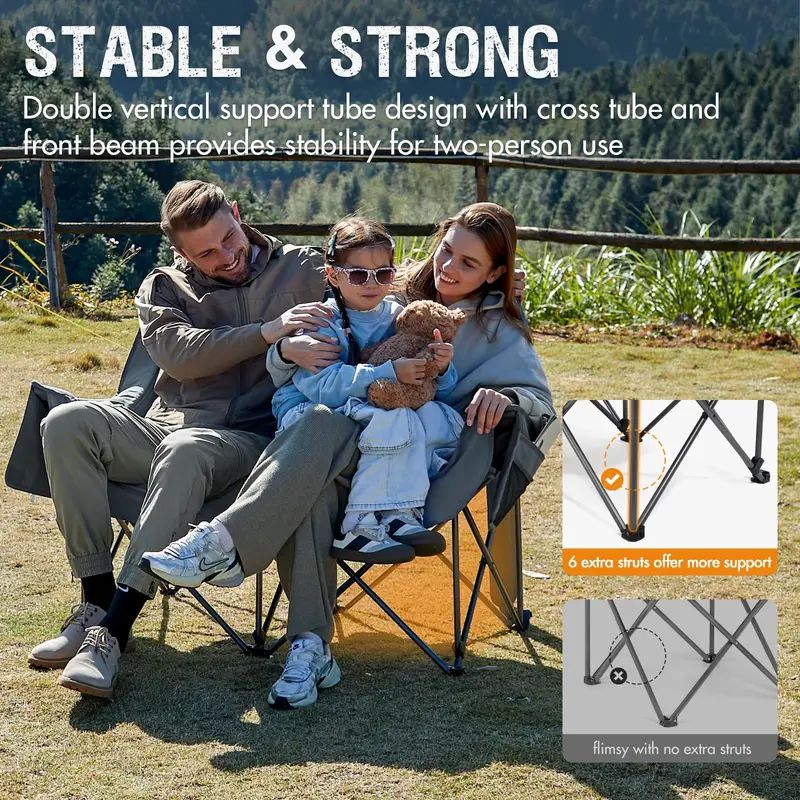 Dual-Occupancy Folding Loveseat – Comfort-Focused Outdoor Chair for Two Featuring Cup Holders and 600-Pound Maximum Load