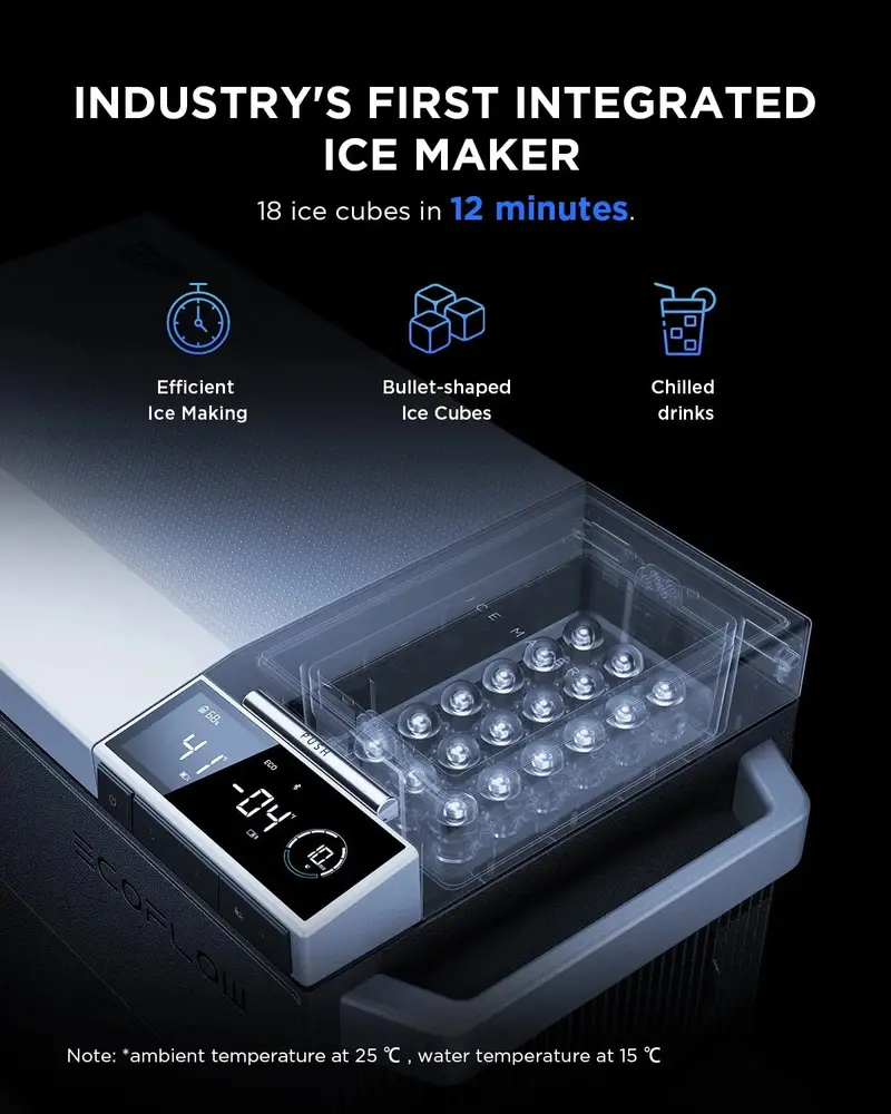 Dual-Zone Portable Car Refrigerator – 40-Quart (38L), Wide Temp Range (-13°C to 50°C), Built-In Ice Maker & Wi-Fi App Control