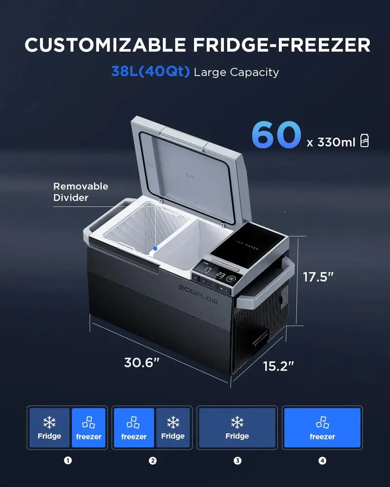 Dual-Zone Portable Car Refrigerator – 40-Quart (38L), Wide Temp Range (-13°C to 50°C), Built-In Ice Maker & Wi-Fi App Control