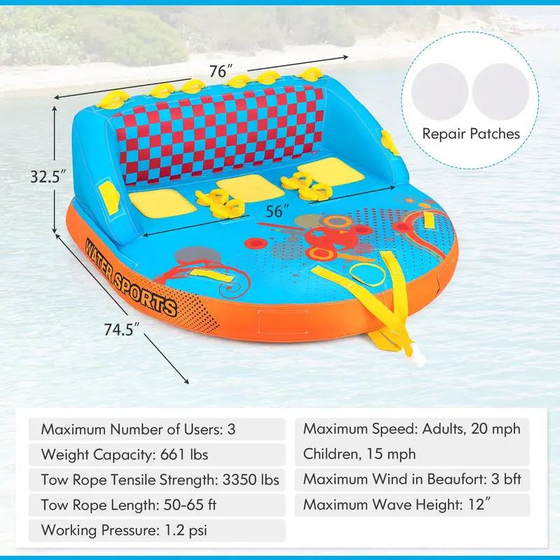Durable Multi-Rider Inflatable Towable Tube – Designed for 1 to 3 Riders on Boats or Jet Skis