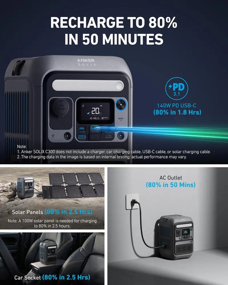 EcoFlow Solix C300 Compact Power Station – 288Wh LiFePO4 Battery, Lightweight Off-Grid Energy Solution