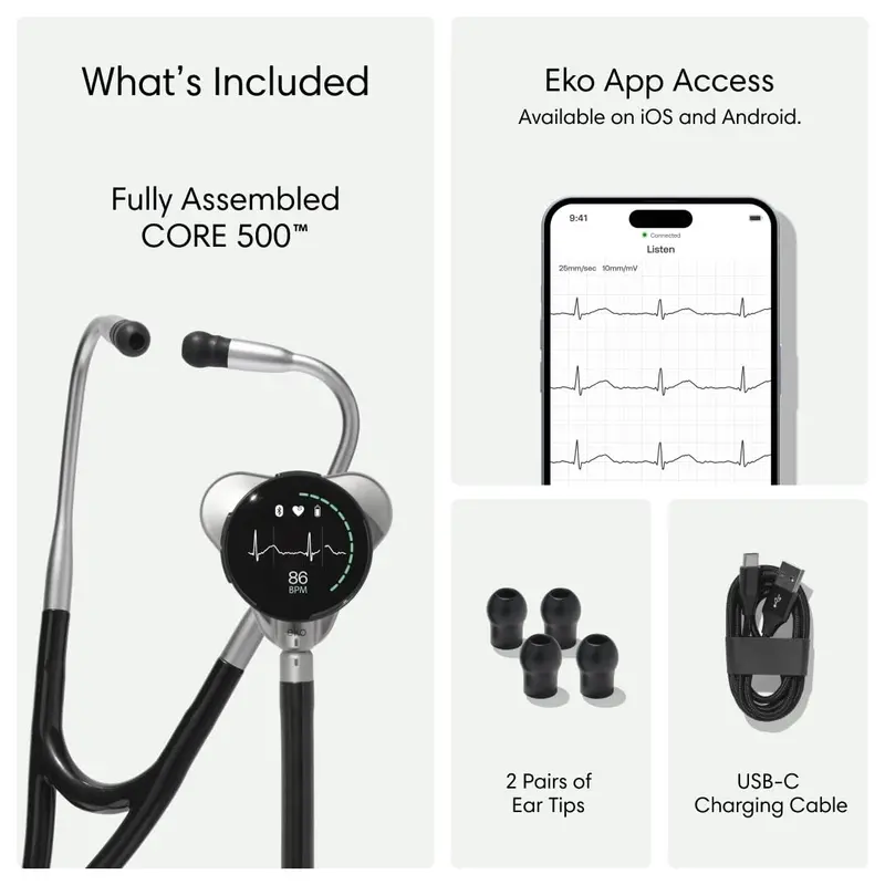 Eko Bluetooth Digital Stethoscope – Wireless Audio + 3-Lead ECG with High-Resolution Diagnostic Display