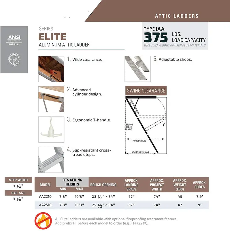 Elite AA2510 Heavy-Duty Aluminum Attic Ladder – Fits 7'8" to 10' Ceilings