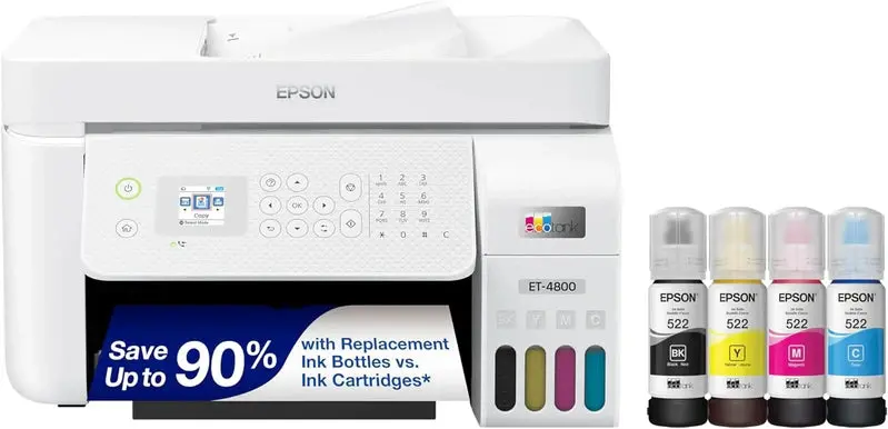 Epson EcoTank ET-4800 Wireless All-in-One Printer – Inkjet, Scanner, Copier, Fax with Auto Document Feeder & Ethernet Connectivity