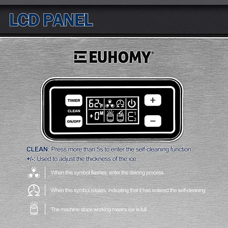 Euhomy Commercial Undercounter Ice Machine – 100 lb/Day Output, Dual Inlet System, 33 lb Bin Capacity
