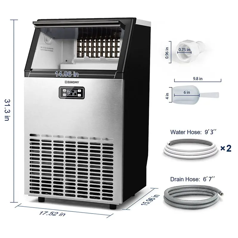Euhomy Commercial Undercounter Ice Machine – 100 lb/Day Output, Dual Inlet System, 33 lb Bin Capacity