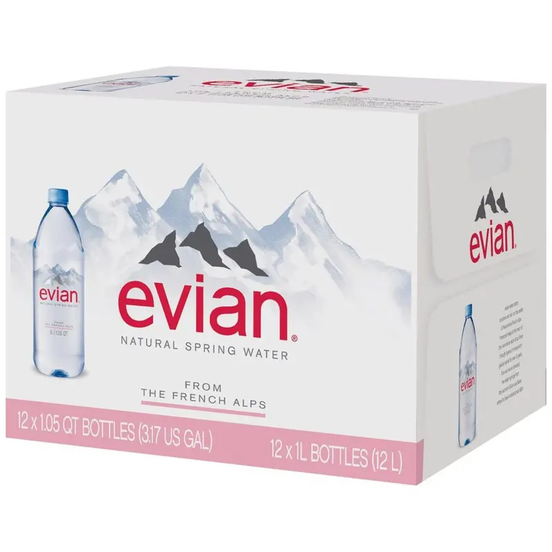 Evian Natural Spring Water – 12-Pack of 1-Liter Bottles for Pure, Mineral-Enriched Hydration