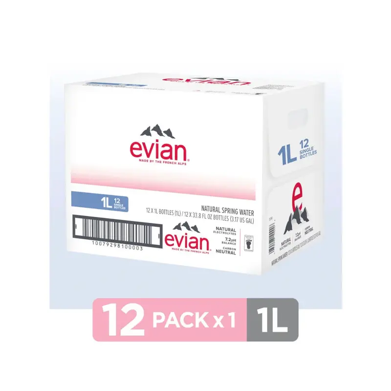 Evian Natural Spring Water – 12-Pack of 1-Liter Bottles for Pure, Mineral-Enriched Hydration
