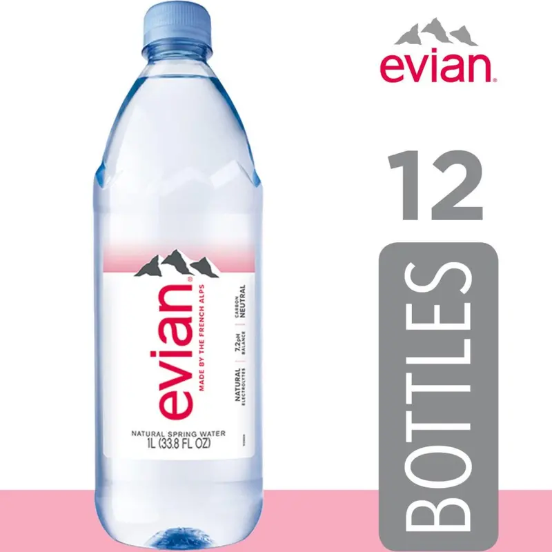Evian Natural Spring Water – 12-Pack of 1-Liter Bottles for Pure, Mineral-Enriched Hydration