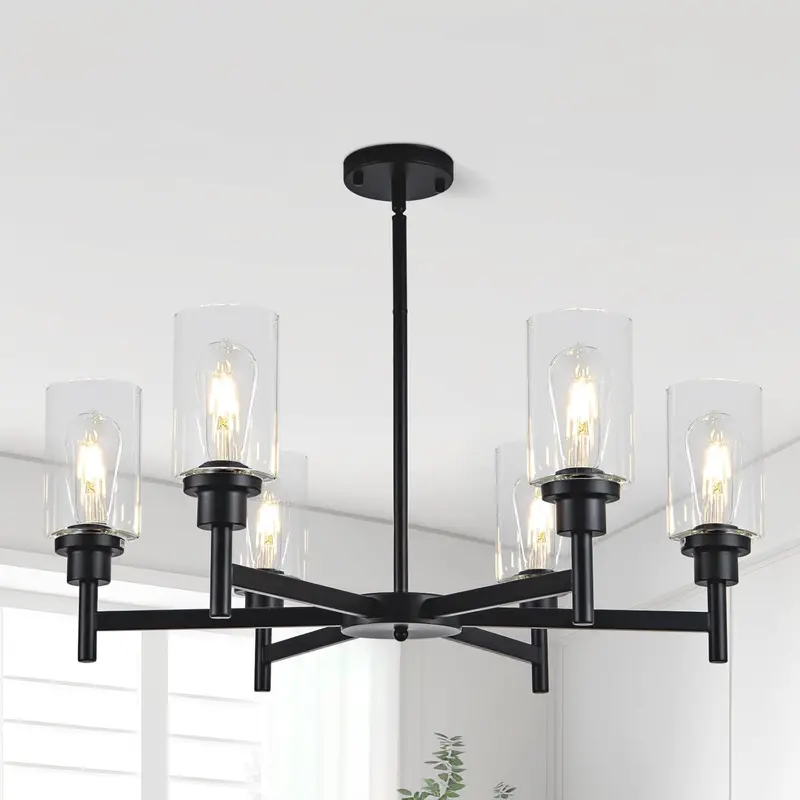 Farmhouse-Style 6-Shade Matte Black Tiered Chandelier – Barn-Inspired Multi-Layered Lighting Fixture