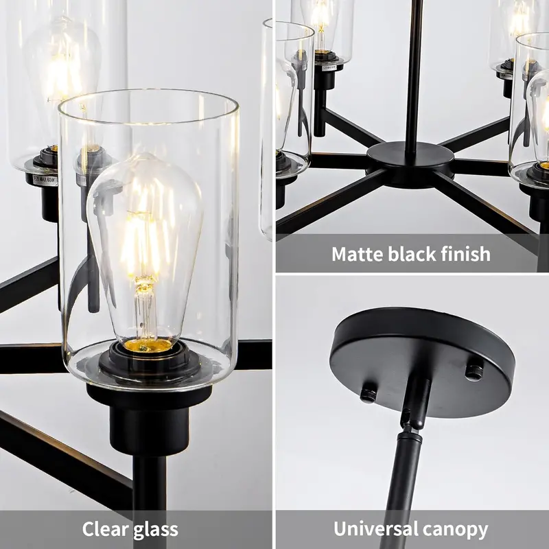 Farmhouse-Style 6-Shade Matte Black Tiered Chandelier – Barn-Inspired Multi-Layered Lighting Fixture 2