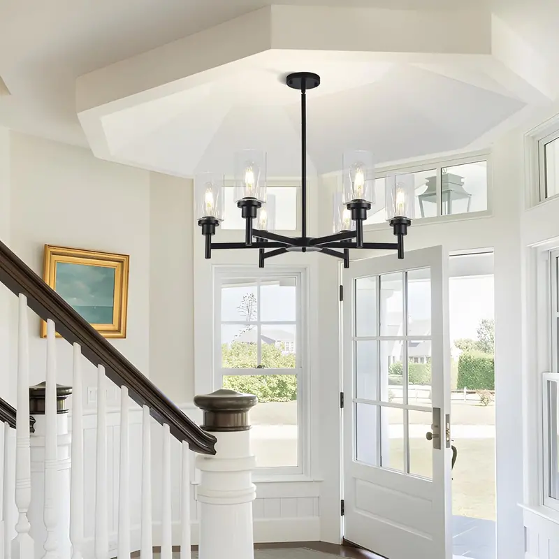 Farmhouse-Style 6-Shade Matte Black Tiered Chandelier – Barn-Inspired Multi-Layered Lighting Fixture