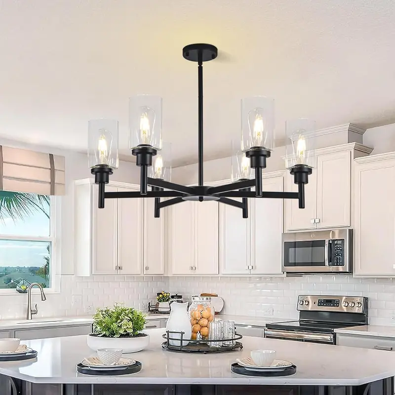 Farmhouse-Style 6-Shade Matte Black Tiered Chandelier – Barn-Inspired Multi-Layered Lighting Fixture