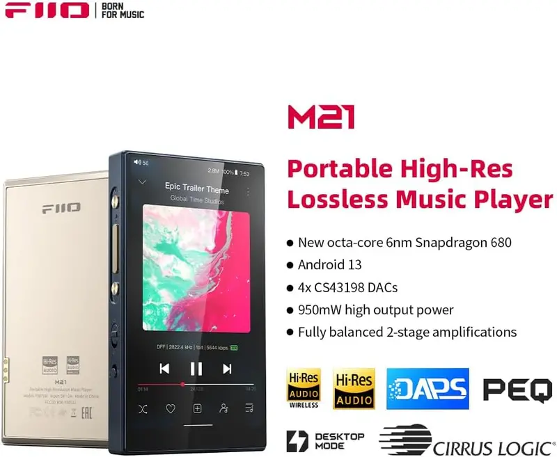 FiiO M21 Hi-Res Music Player — Android 13, Snapdragon 680, Dual DAC, Blue-Black Finish