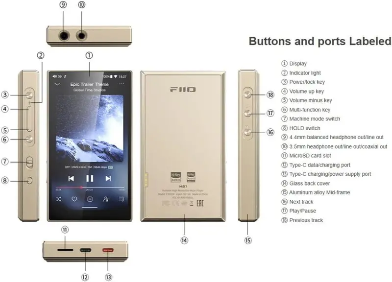 FiiO M21 Hi-Res Music Player — Android 13, Snapdragon 680, Dual DAC, Blue-Black Finish