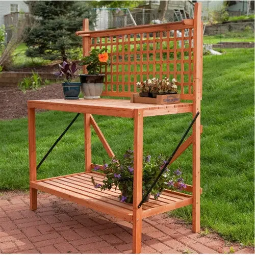 Fir Wood Potting Bench – Weather-Resistant Garden Table with Lattice Back and Integrated Shelf Storage