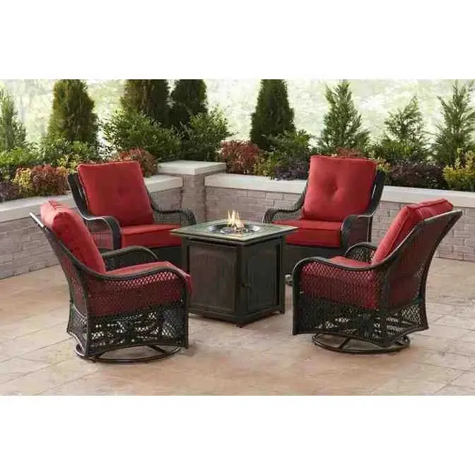 Five-Piece Navy Blue Patio Fire Pit Set – Includes Swivel Glider Chairs and Square Fire Table