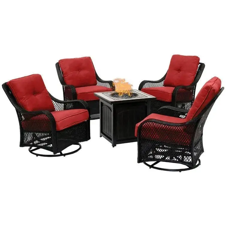 Five-Piece Navy Blue Patio Fire Pit Set – Includes Swivel Glider Chairs and Square Fire Table 2