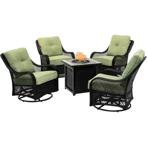 Five-Piece Navy Blue Patio Fire Pit Set – Includes Swivel Glider Chairs and Square Fire Table