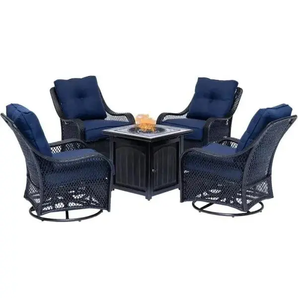 Five-Piece Navy Blue Patio Fire Pit Set – Includes Swivel Glider Chairs and Square Fire Table