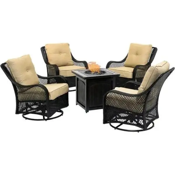 Five-Piece Navy Blue Patio Fire Pit Set – Includes Swivel Glider Chairs and Square Fire Table