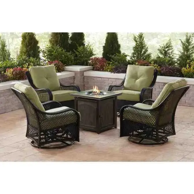 Five-Piece Navy Blue Patio Fire Pit Set – Includes Swivel Glider Chairs and Square Fire Table