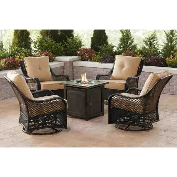 Five-Piece Navy Blue Patio Fire Pit Set – Includes Swivel Glider Chairs and Square Fire Table