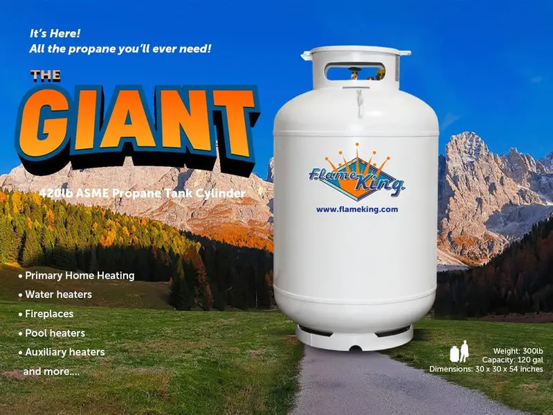 Flame King Vertical Propane Tank – ASME-Certified, 420 lb Capacity, White Powder-Coated Finish