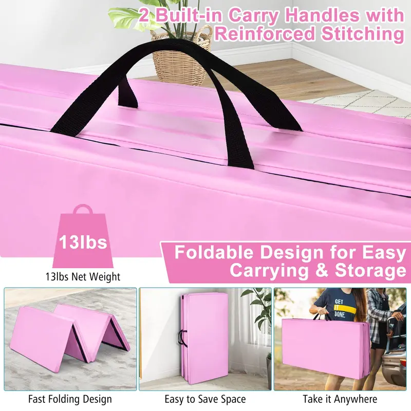 Foldable 8' x 4' Gymnastics Mat – 2-Inch Thick Tumbling Pad with Integrated Carry Handles