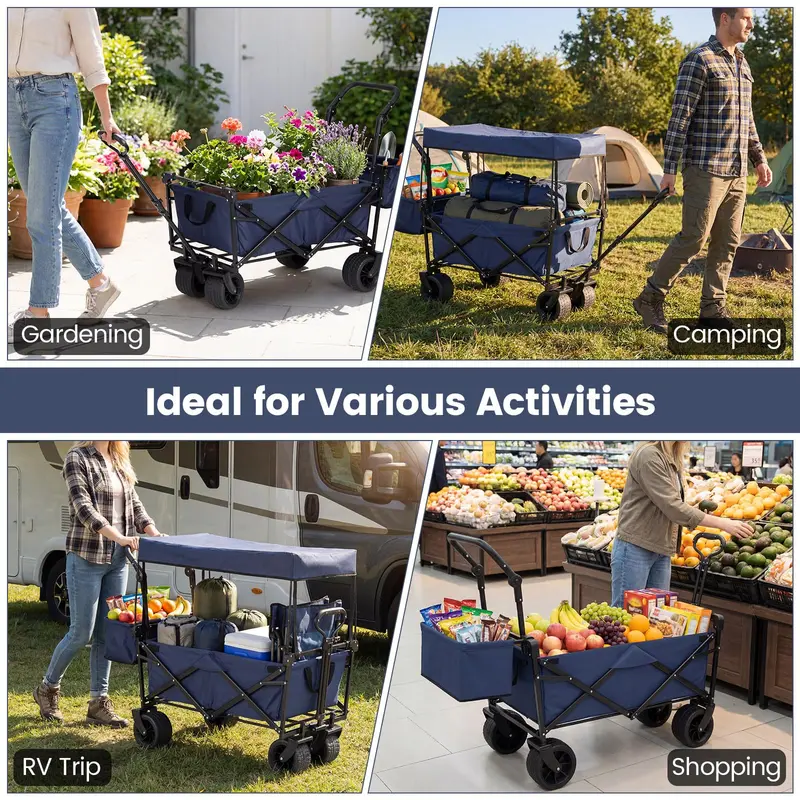 Foldable Canopy Wagon with Telescoping Handles and Detachable Storage Bag