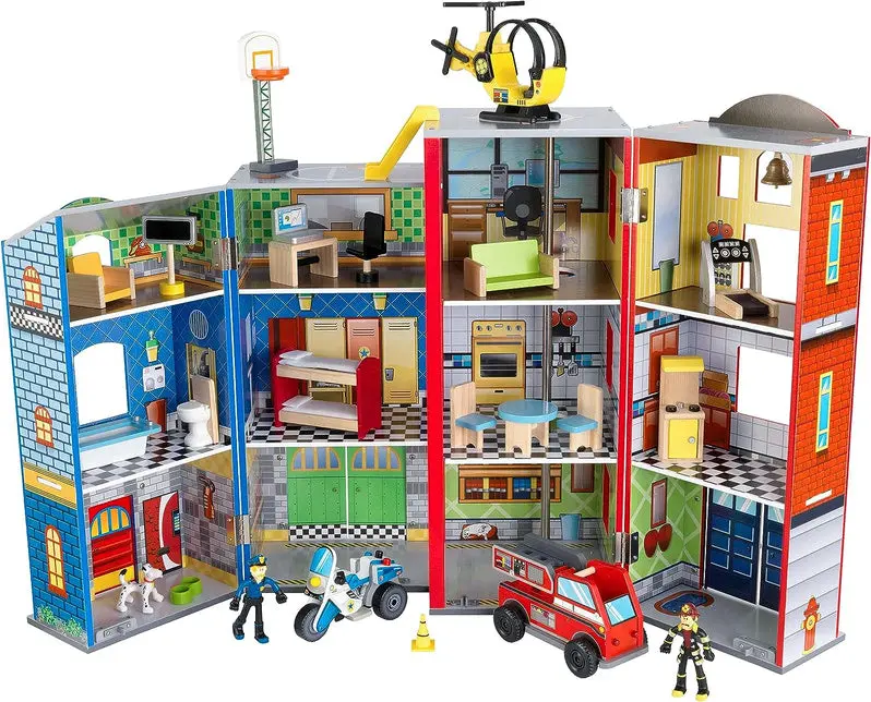 Foldable Three-Tier Wooden Playset – Includes 26 Role-Play Accessories for Kids