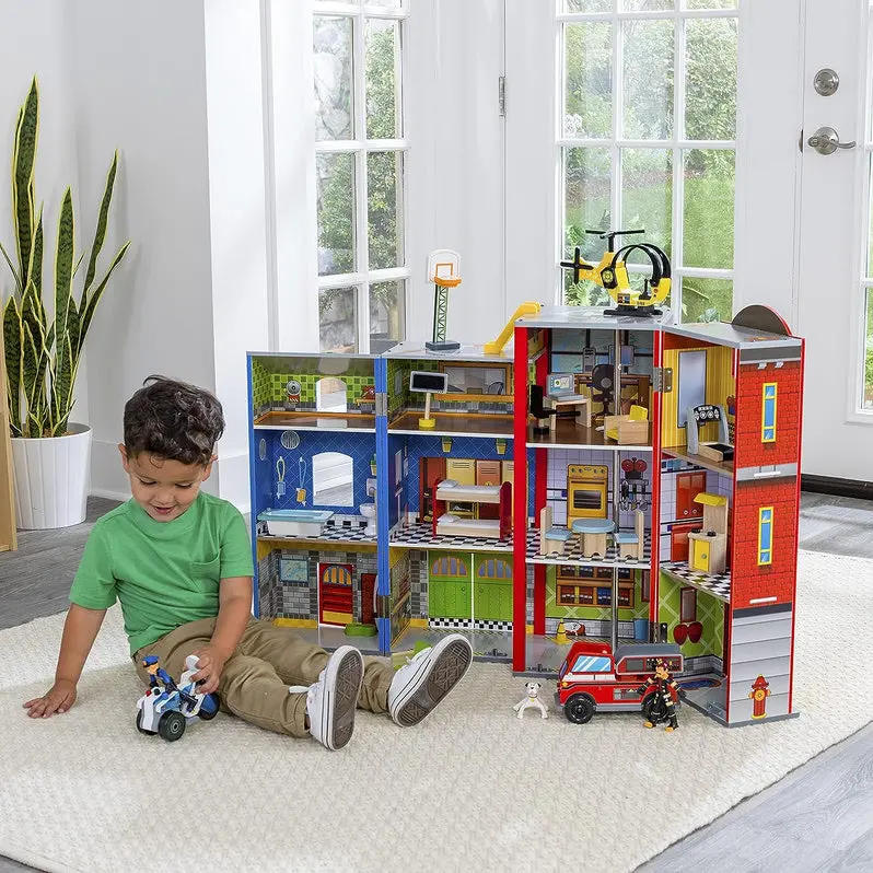 Foldable Three-Tier Wooden Playset – Includes 26 Role-Play Accessories for Kids